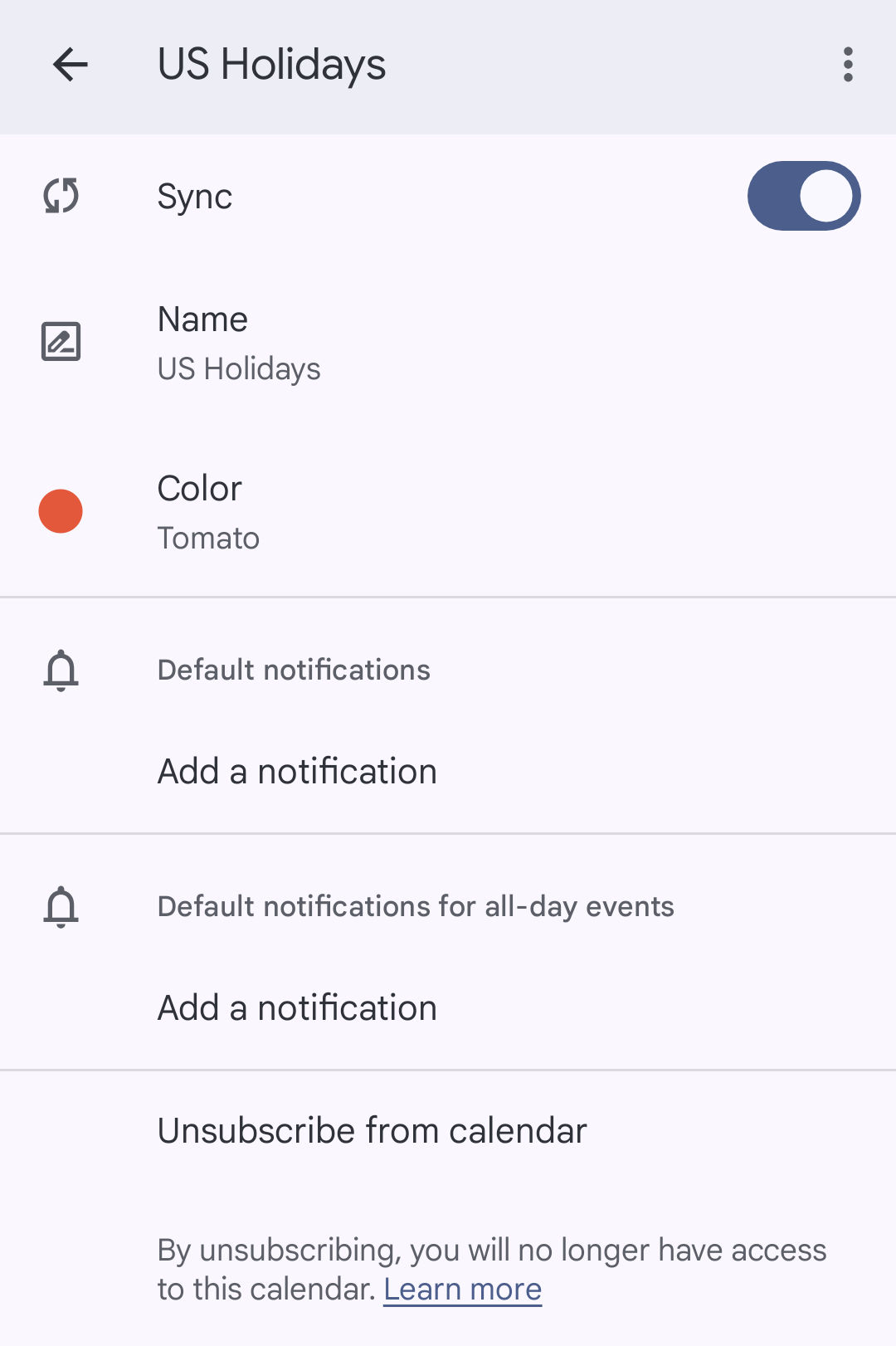 Google Calendar's settings on an Android phone for a subscribed calendar, with the Sync switch turned on