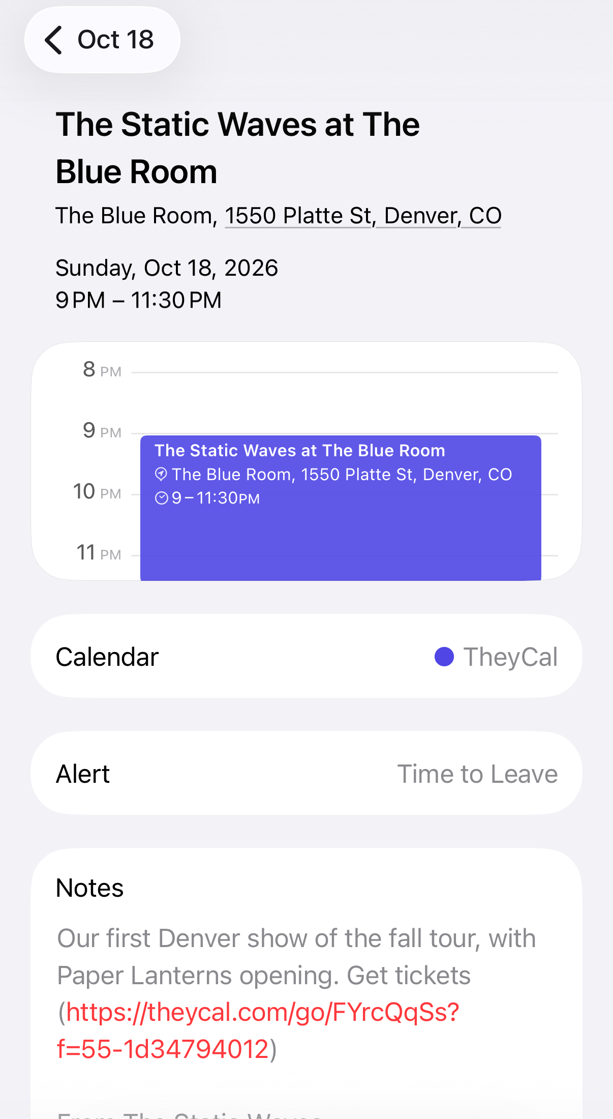 A band's show in a fan's phone calendar, with the venue, the time and a ticket link