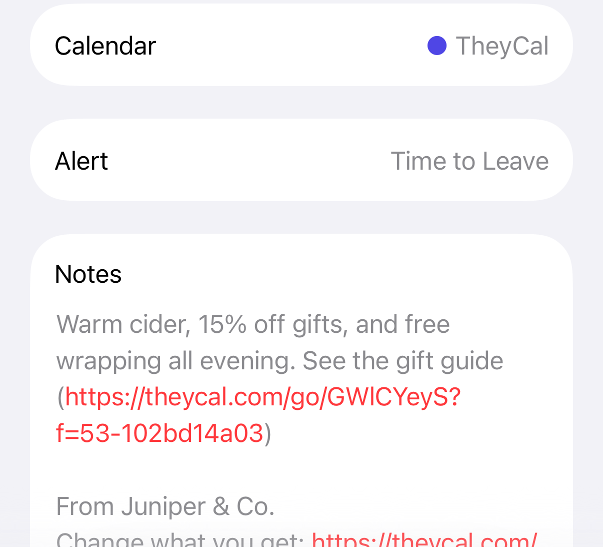 An event from a TheyCal calendar link in Apple Calendar on an iPhone, with a link's address written out in the notes
