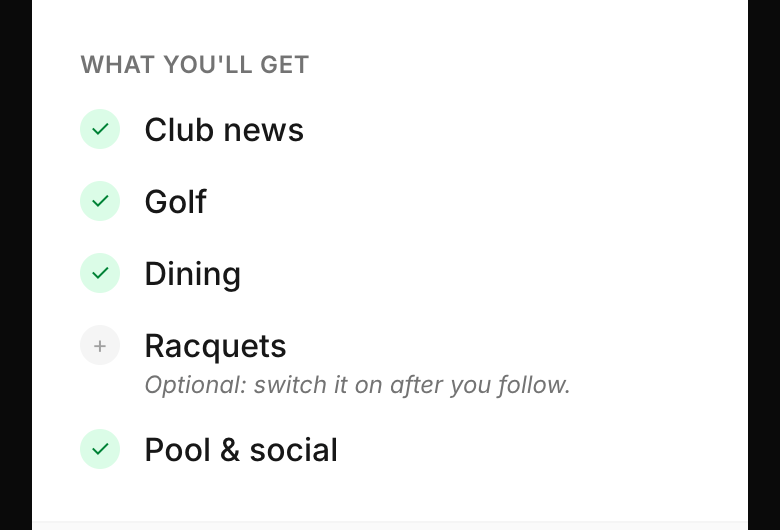 A country club's TheyCal join page on a phone, listing departments such as Golf and Dining