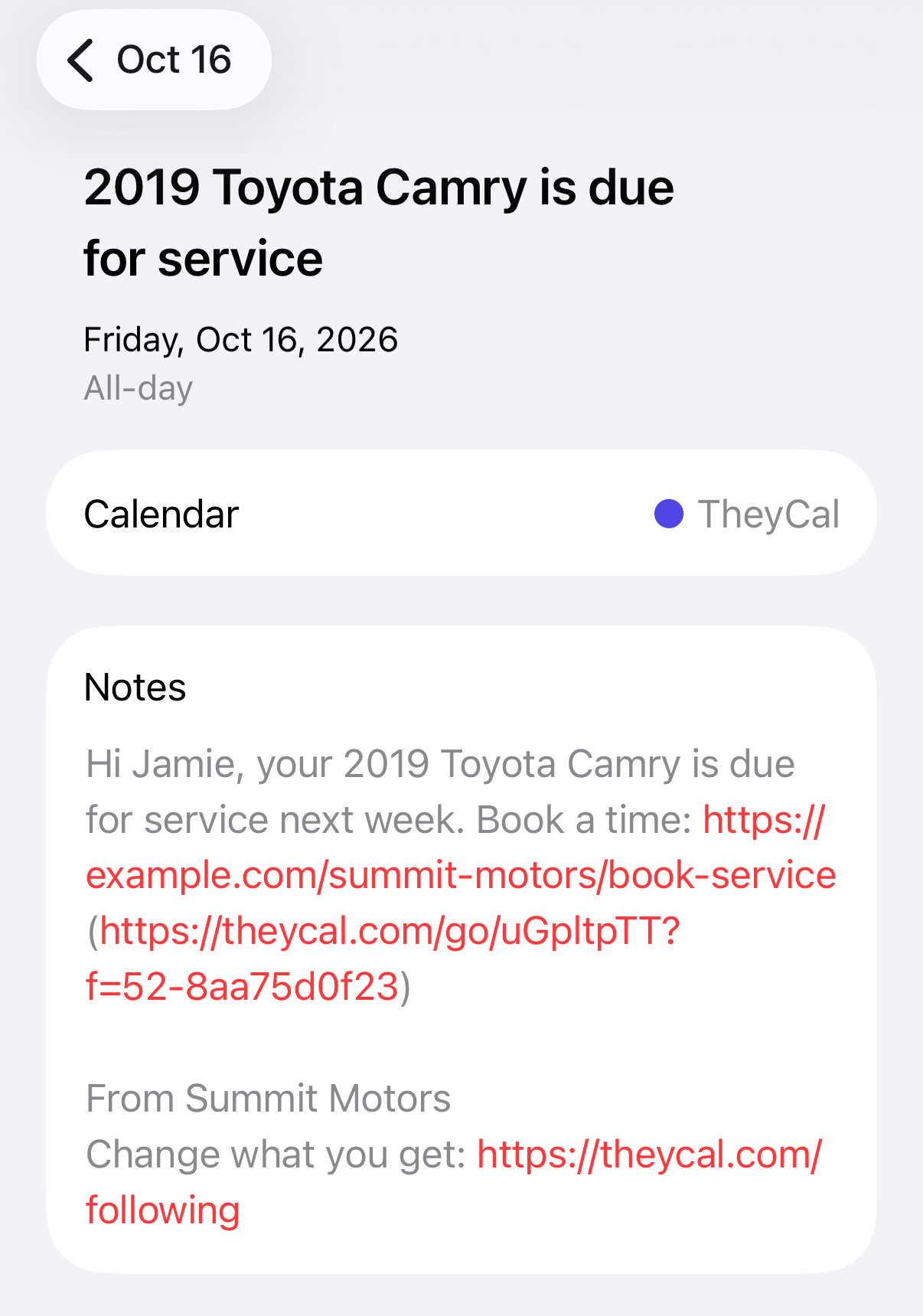 A service reminder for a customer's car in a phone calendar, with the dealership's booking link