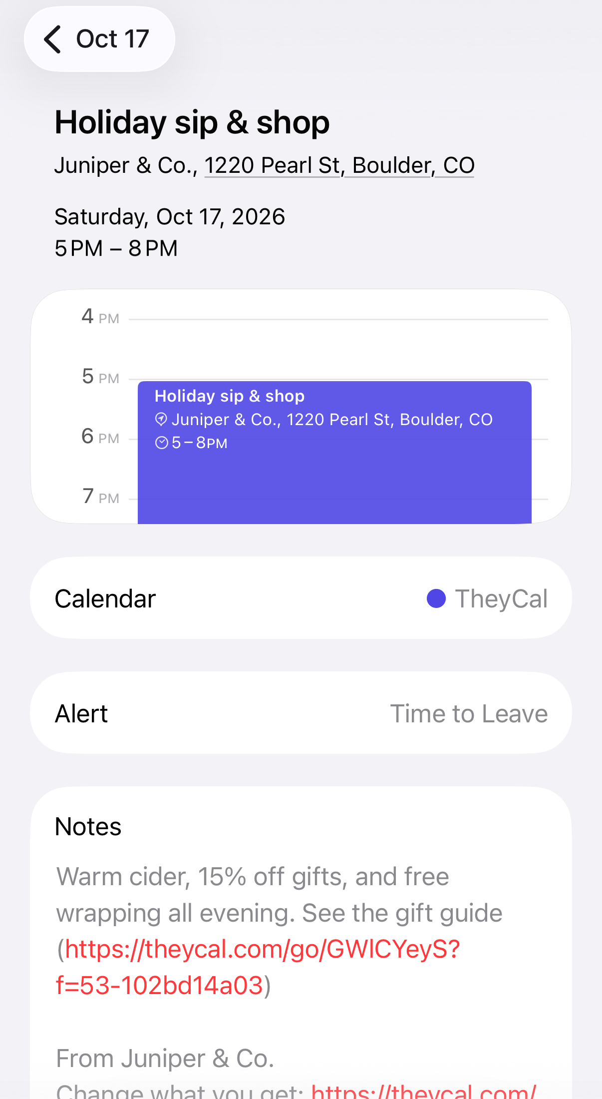 A shop's event in a customer's iPhone calendar, with the time, the address, a description and a link