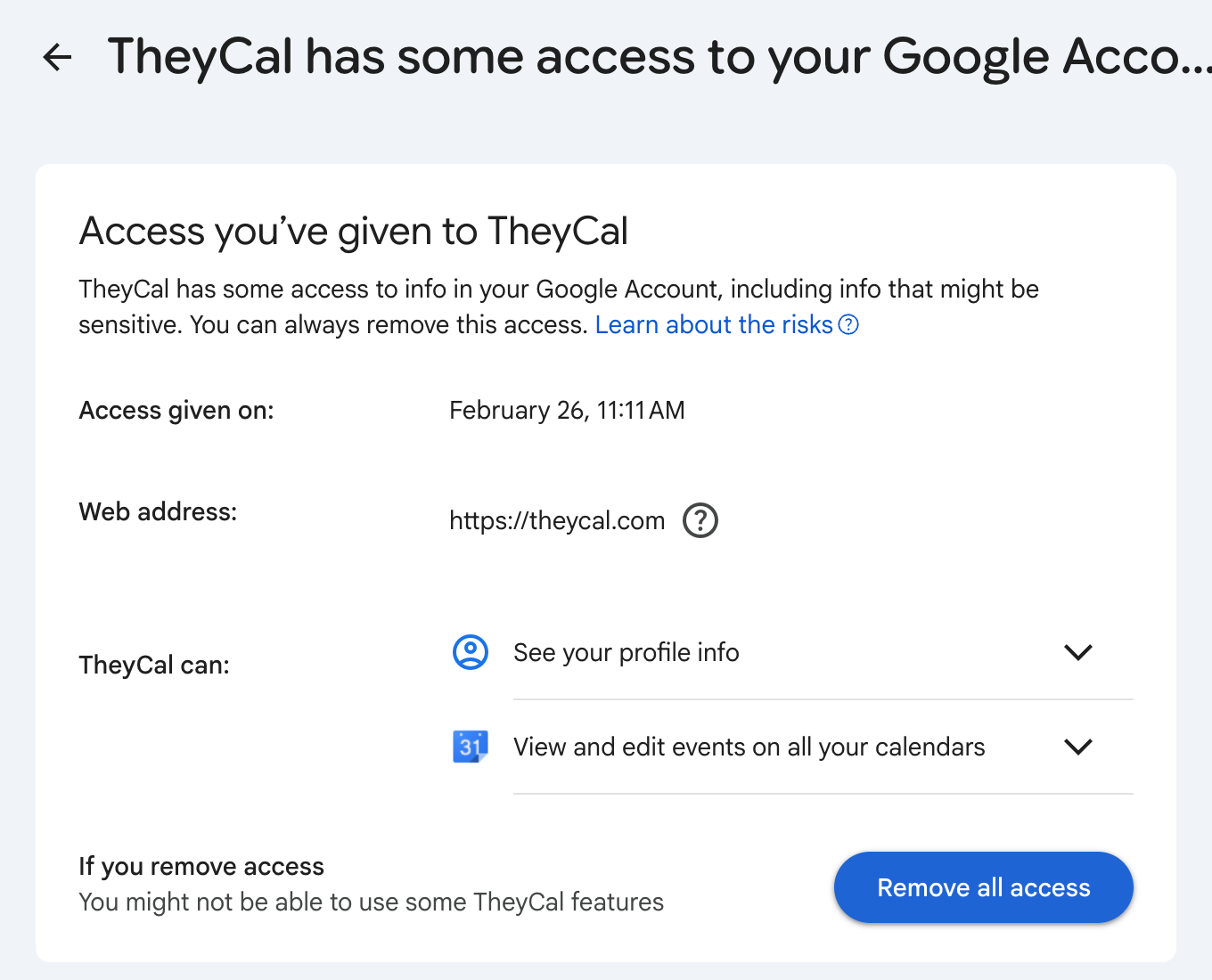 The Google Account linked apps page, with one app's details open and its Remove all access button