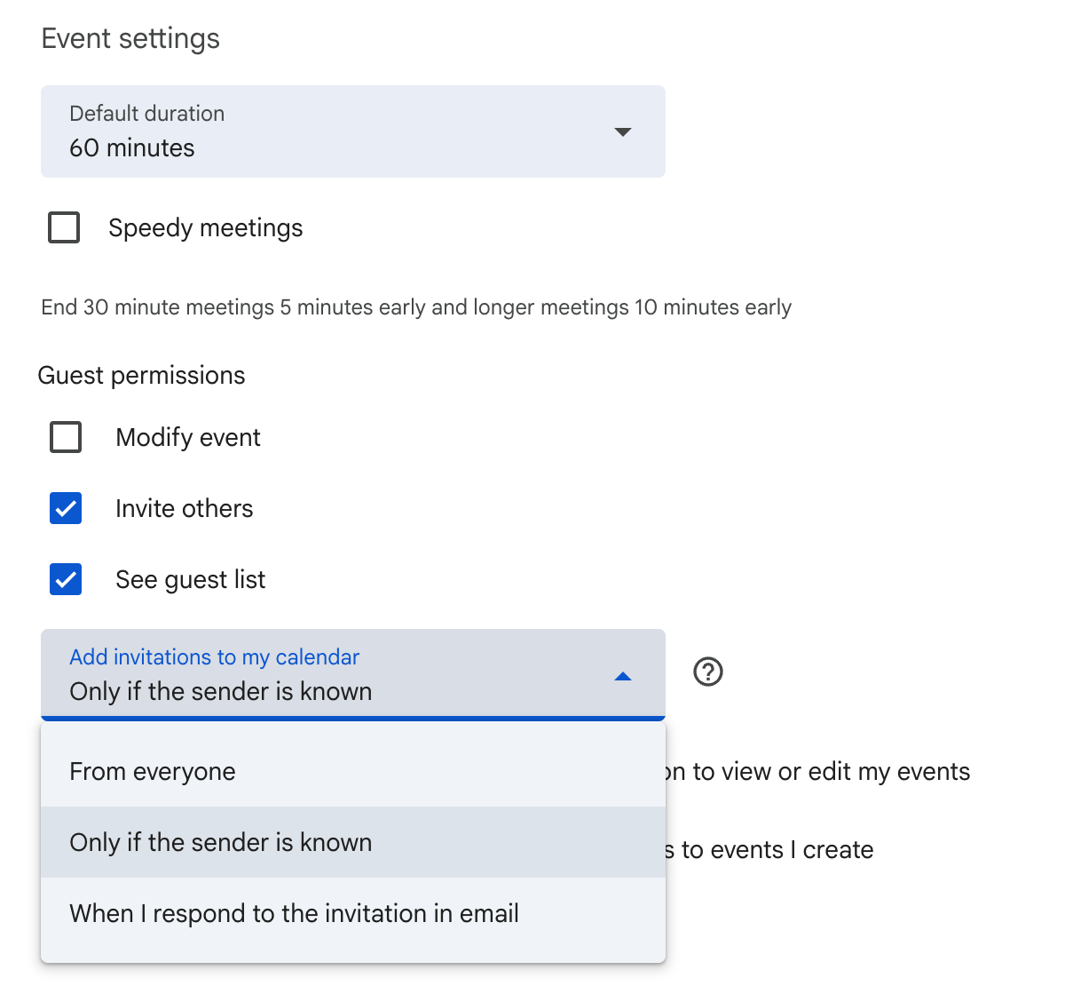 Google Calendar's Event settings on a computer, with the Add invitations to my calendar menu open