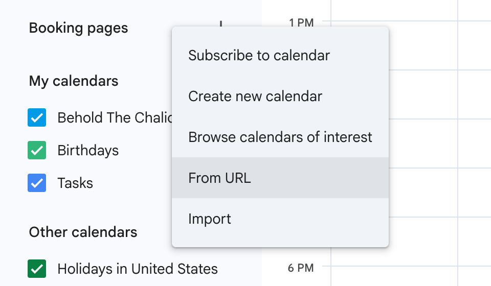 Google Calendar on the web: the add button next to Other calendars, with From URL in its menu