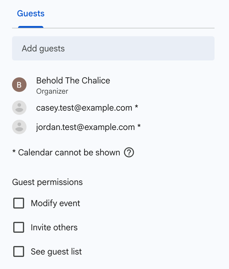 Google Calendar's event editor with the guest permissions showing and See guest list unticked