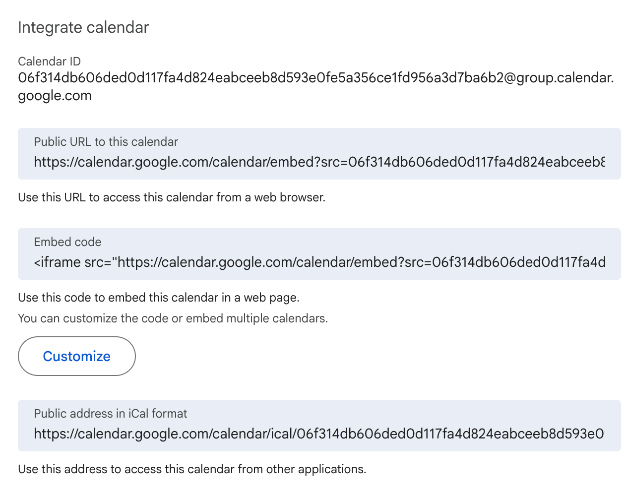 Google Calendar's Integrate calendar settings, showing the public URL and the public address in iCal format