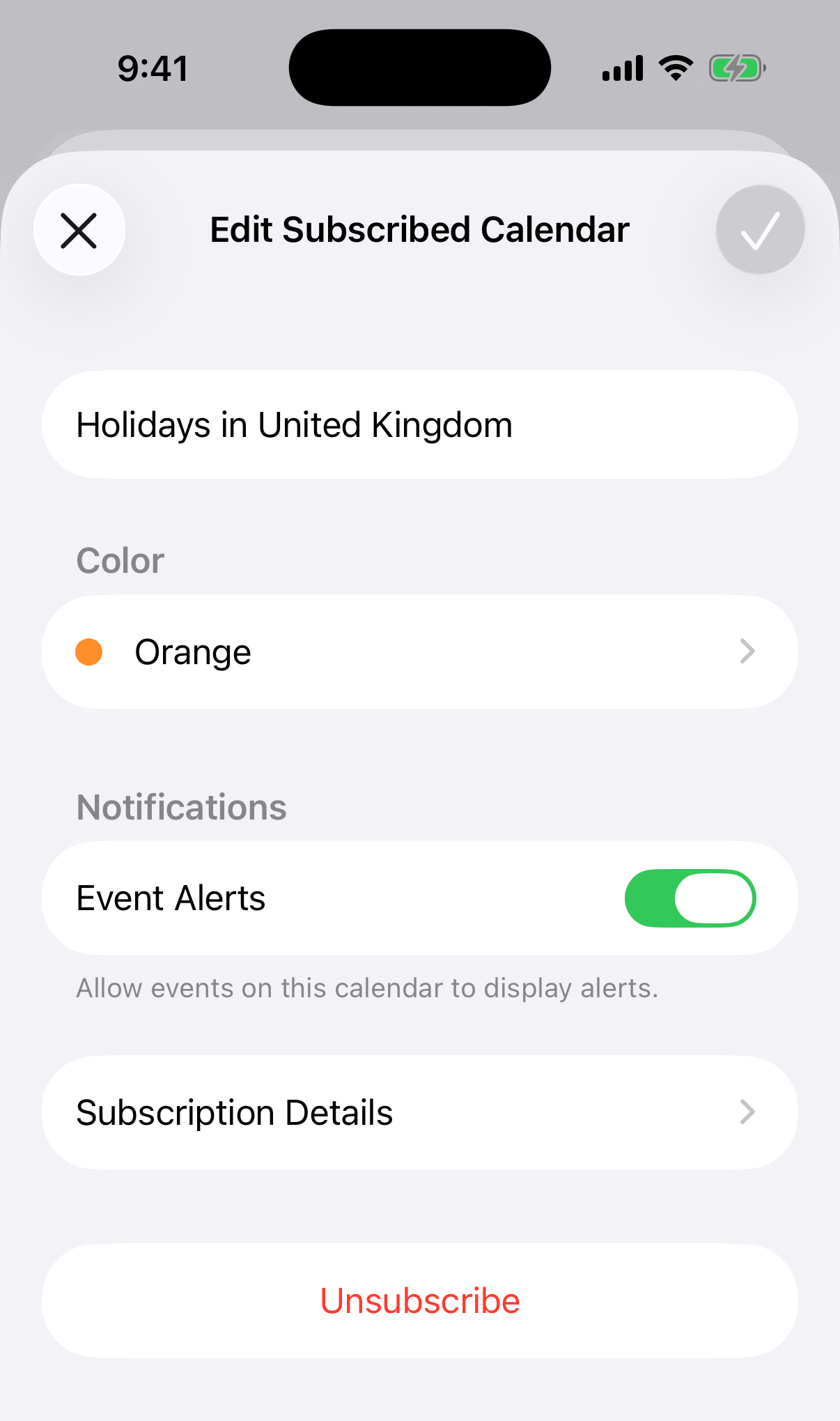 The info screen of a subscribed calendar in the iPhone Calendar app, with the Unsubscribe button