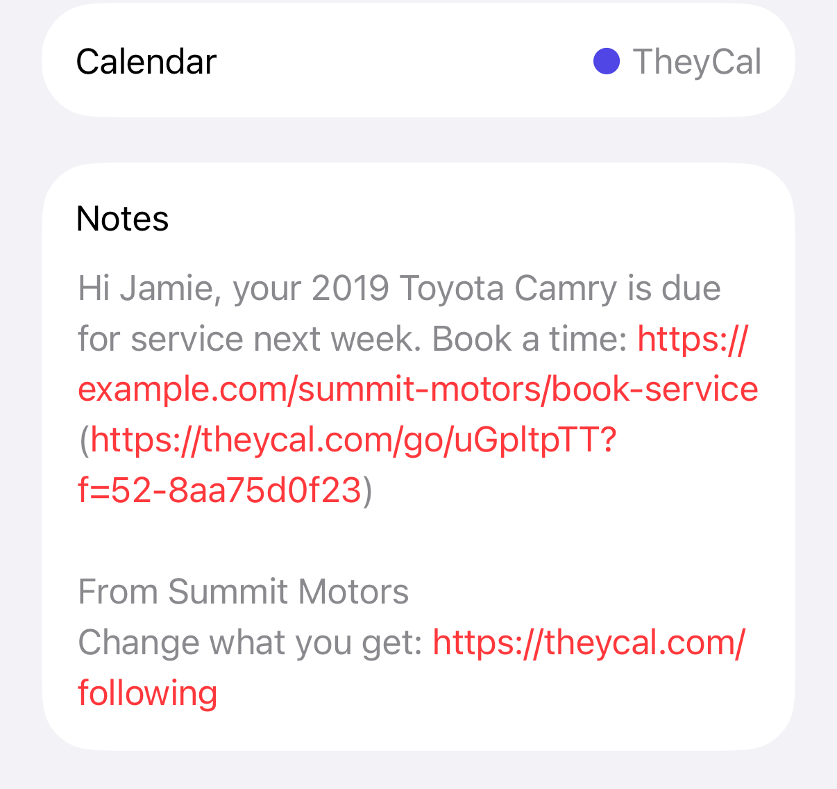 A business's event opened in Apple Calendar on an iPhone, with the business's name and the address of a page to change what you get at the end of the notes