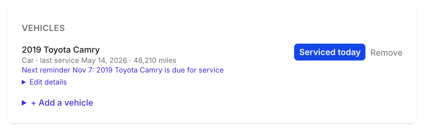 A customer's page in TheyCal listing their car, its last service date, the next reminder and a Serviced today button
