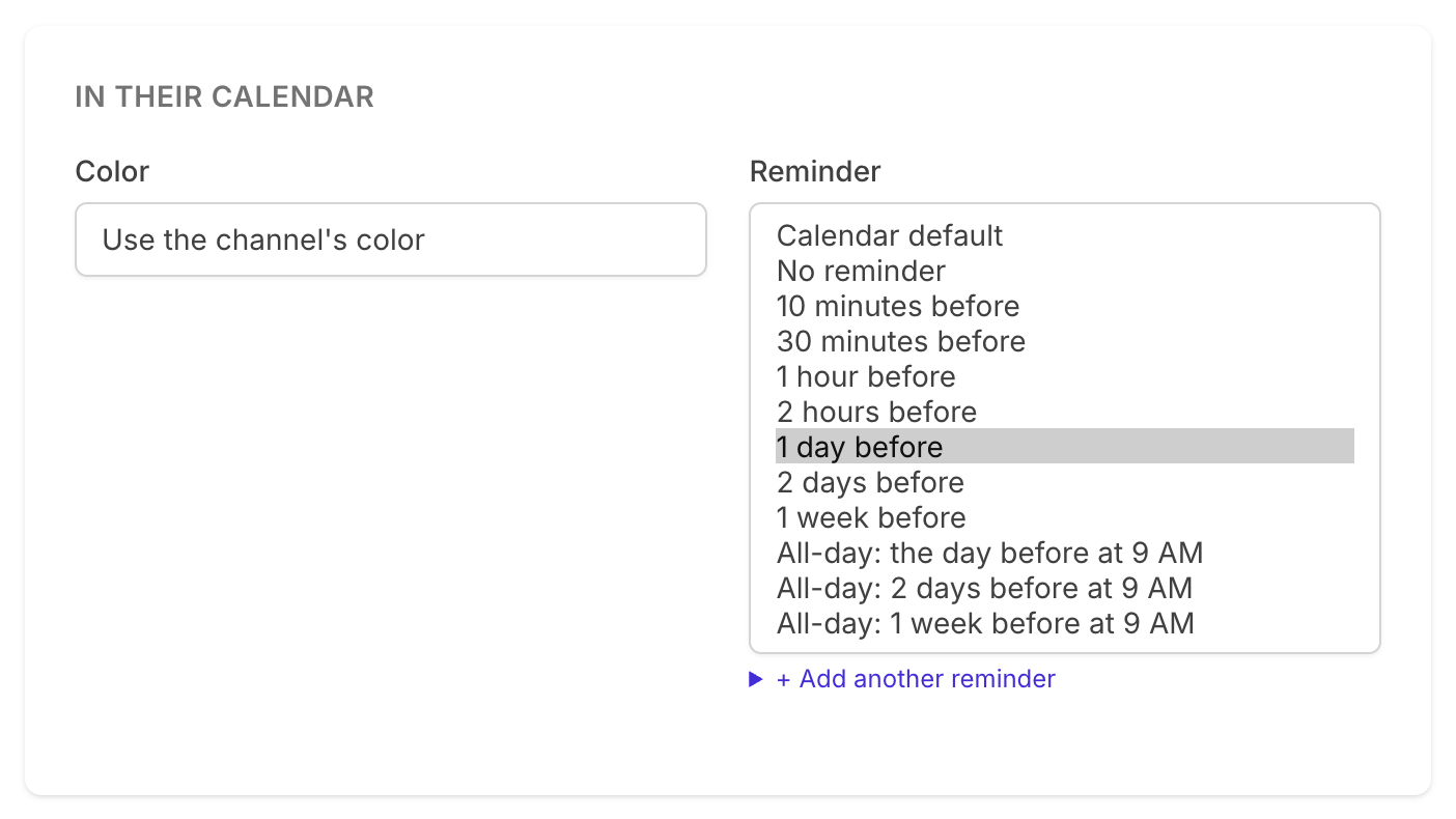 The Reminder menu on a TheyCal event form, open to show choices such as 1 hour before and 1 day before
