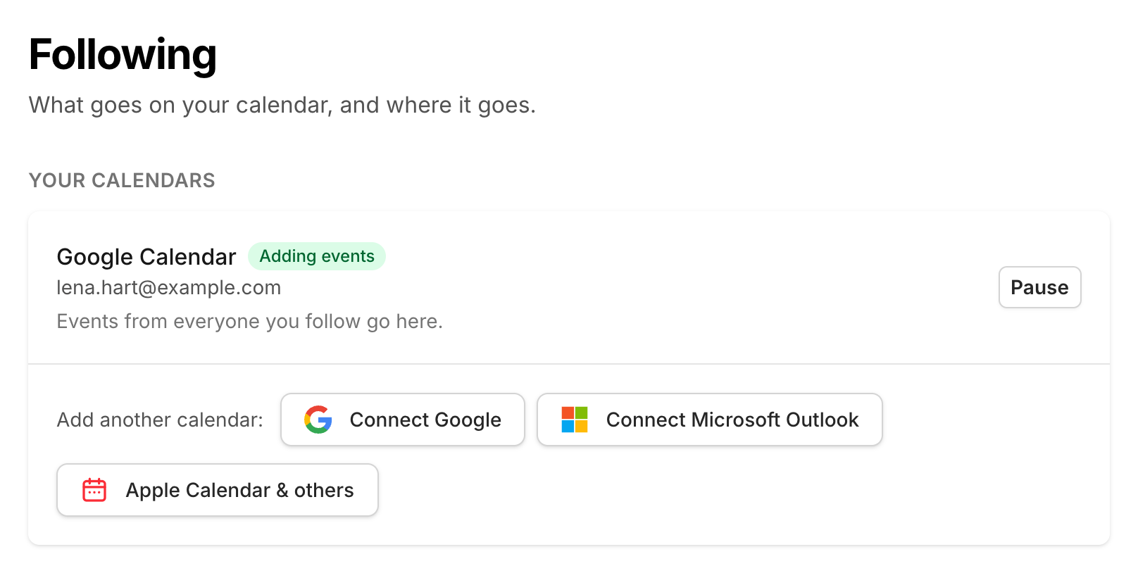 TheyCal's Following page, showing a connected Google calendar marked Adding events, with a Pause button