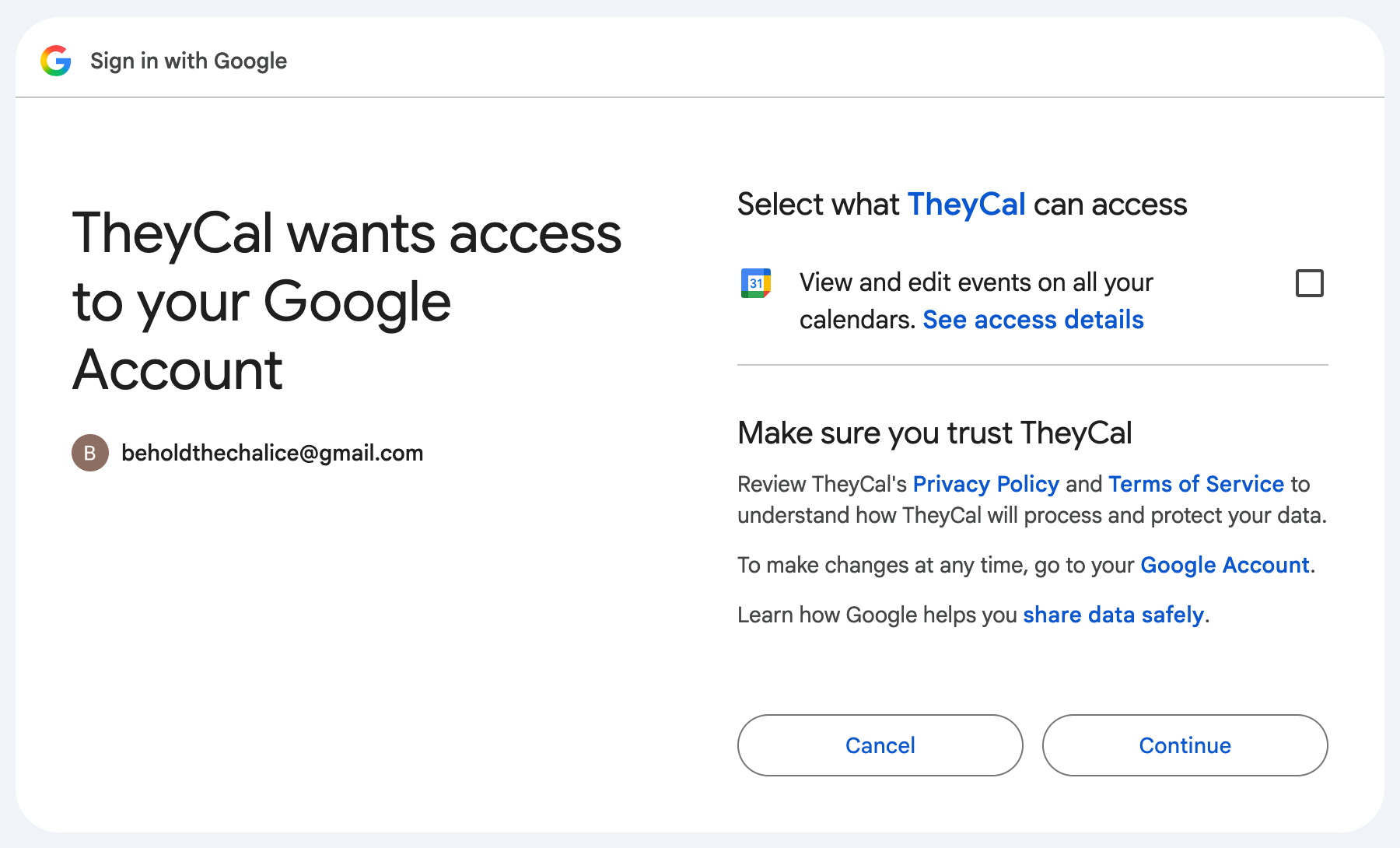 Google's consent screen for TheyCal, listing the calendar access it asks for with its box unticked