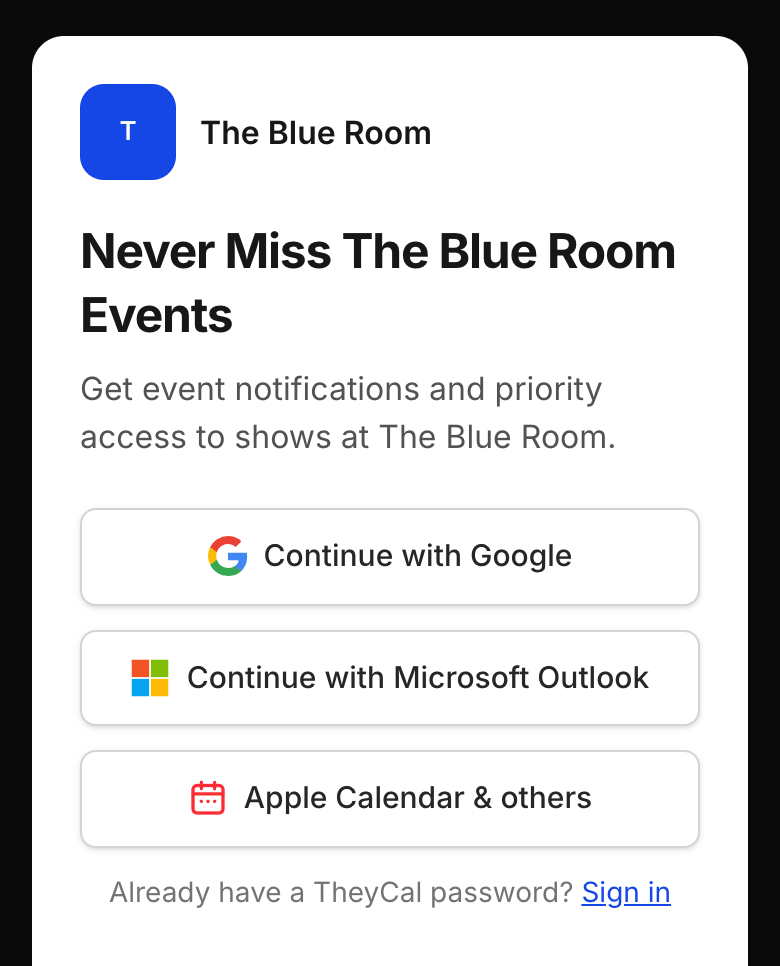 A business's TheyCal join page, offering Google, Microsoft Outlook, and Apple Calendar and others