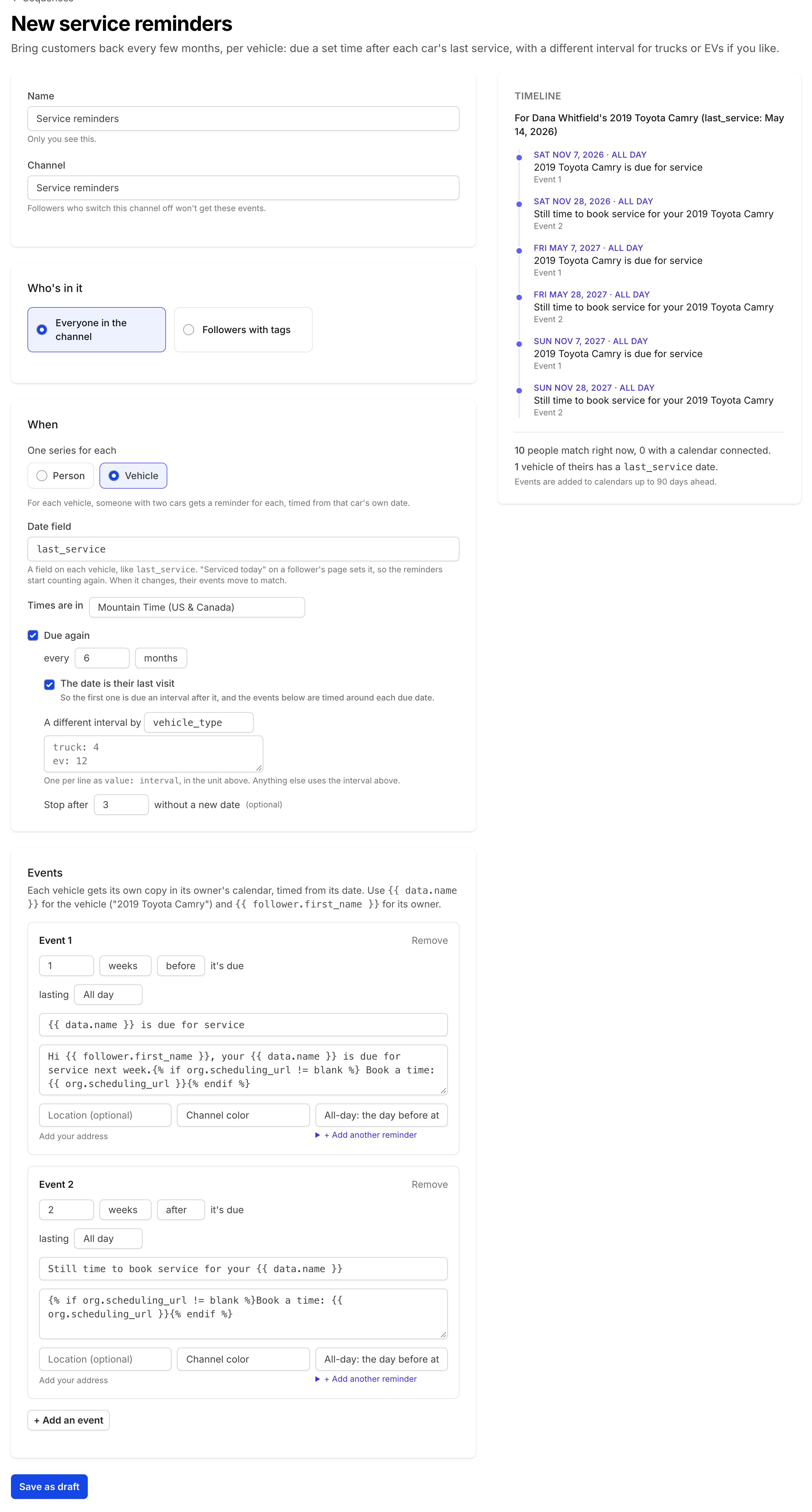 TheyCal's Service reminders setup, with the repeat interval, the last-visit option and two reminder events