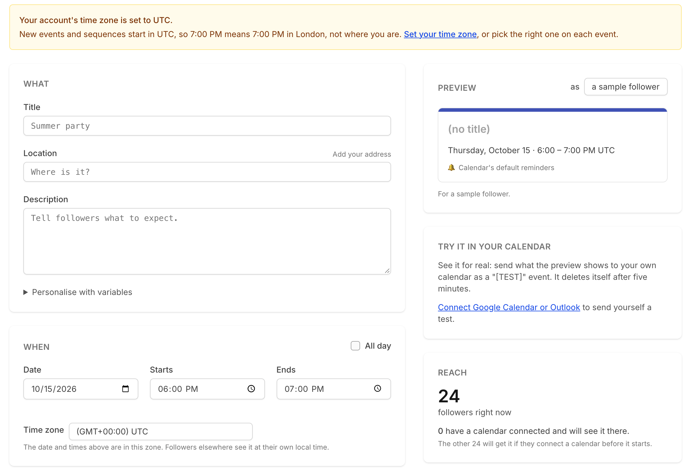 TheyCal's new event form with a notice saying the account's time zone is set to UTC