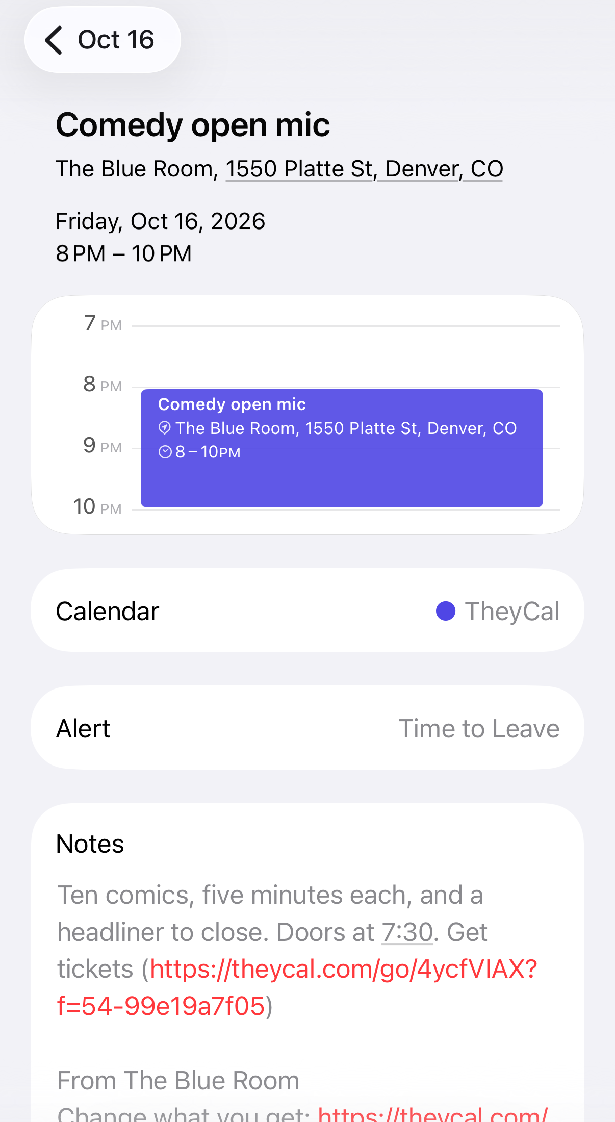 A venue's show in a fan's phone calendar, with the set time and a ticket link